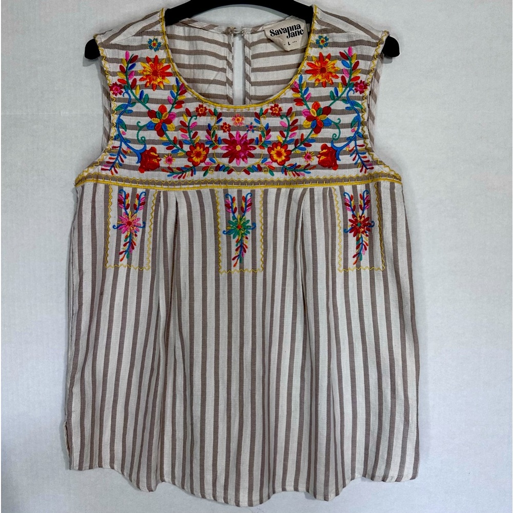 Savanna Jane Striped Sleeveless Top with Multicolor Floral Embroidery-Large